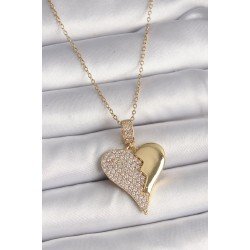 Özel Çelik Gold Renk Zincir Zirkon Taşlı Kırık Kalp Model Kadın Kolye Fırsat!!!