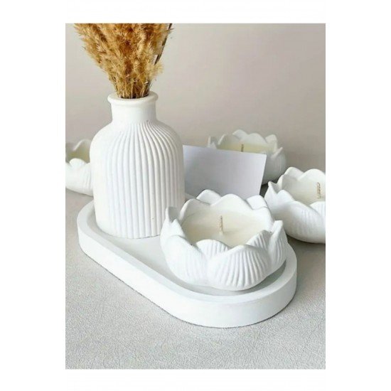 3'lü Dekoratif Set – Modern Vazo, Lotus Mumluk ve Alt Taban | Mum Dahil