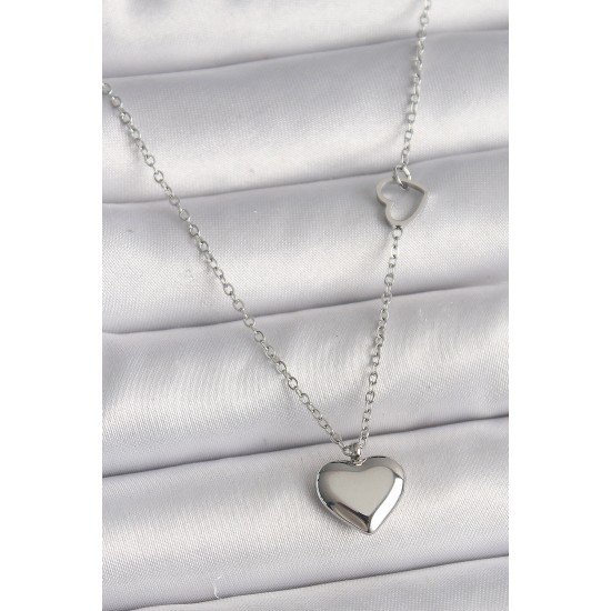 Özel Çelik Renk Zincir Kalp Detay Kalp Figür Kadın Kolye Fırsat!!!