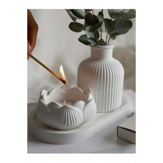 3'lü Dekoratif Set – Modern Vazo, Lotus Mumluk ve Alt Taban | Mum Dahil
