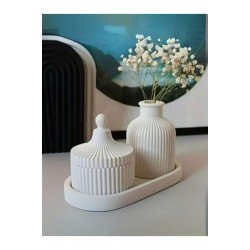 Dekoratif Vazo, Vintage Kapaklı Mumluk ve Mum 3'lü Set