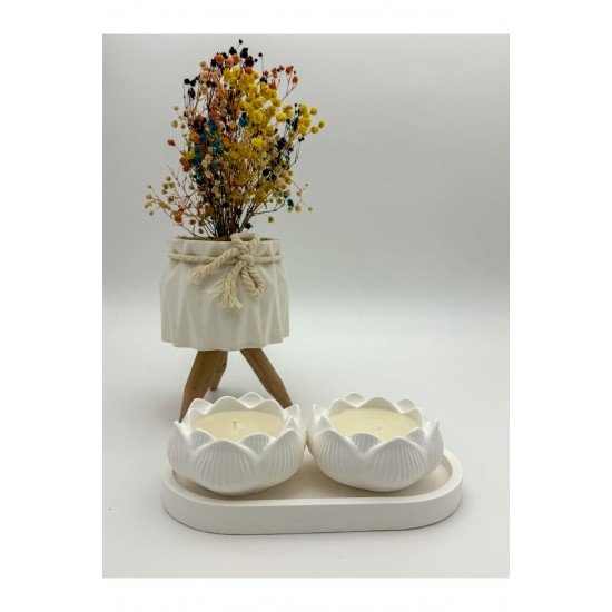 Vanilya Kokulu Dekoratif Tepsili Gül Desenli Mum Seti