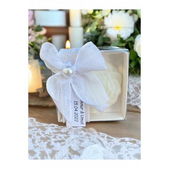 Beyaz Kutulu Şakayık Çiçeği Mum Inci Ve Kurdele Süslemeli , Nişan, Düğün, Söz - 15 Adet