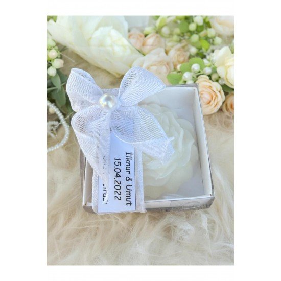 Beyaz Kutulu Şakayık Çiçeği Mum Inci Ve Kurdele Süslemeli , Nişan, Düğün, Söz - 15 Adet