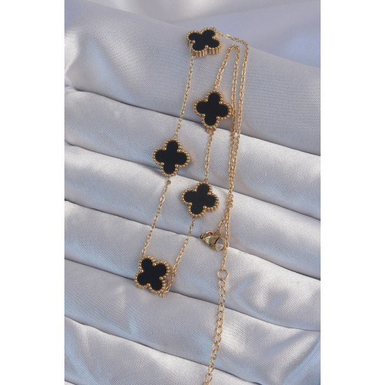 Özel Çelik Gold Renk Siyah Mineli Yonca Kolye Fırsat!!!