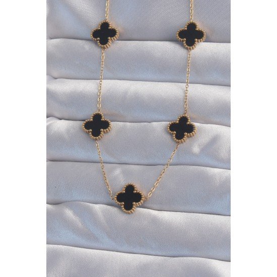 Özel Çelik Gold Renk Siyah Mineli Yonca Kolye Fırsat!!!