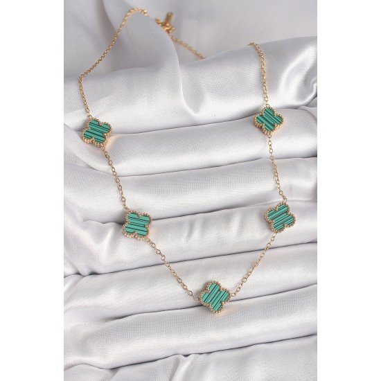 Özel Çelik Gold Renk Zincir Yeşil Yonca Model Kadın Kolye Fırsat!!!