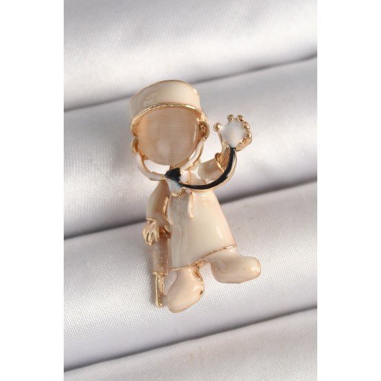 Özel Pirinç Gold Renk Beyaz Mineli Doktor Model Kadın Broş Fırsat!!!