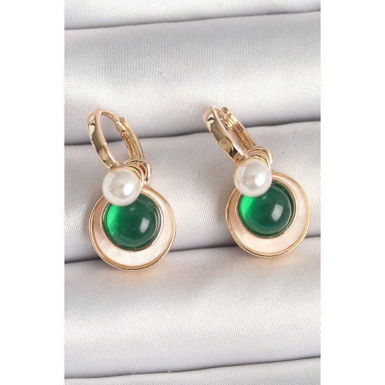 Özel Pirinç Gold Renk Beyaz Yeşil Sallantı Mineli Kadın Küpe Fırsat!!!