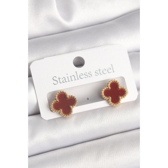 Özel Pirinç Gold Renk Bordo Yonca Model Kadın Küpe Fırsat!!!