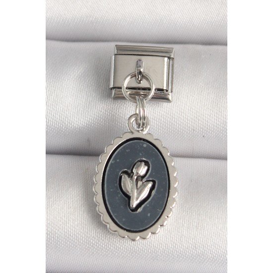 Özel Çelik Renk Çiçek İşlemeli Siyah Portre Model Nomination Charm Fırsat!!!