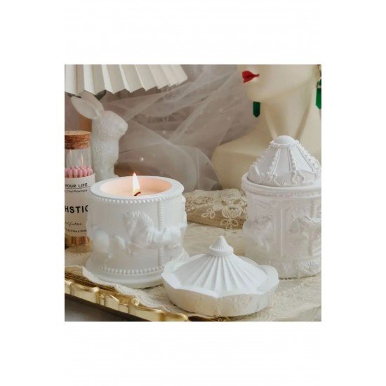 Dekoratif Seramik Kapaklı Beyaz Kabartmalı Atlı Karınca  Alçı  Mum