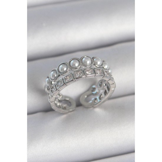 Özel Pirinç Renk 2'Li Sıra Zirkon Taşlı Ve İncili Ayarlanabilir Kadın Yüzük Fırsat!!!