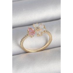Özel Pirinç Gold Renk Beyaz Mineli Pembe Zirkon Taşlı Çiçek Model Kadın Yüzük Fırsat!!!