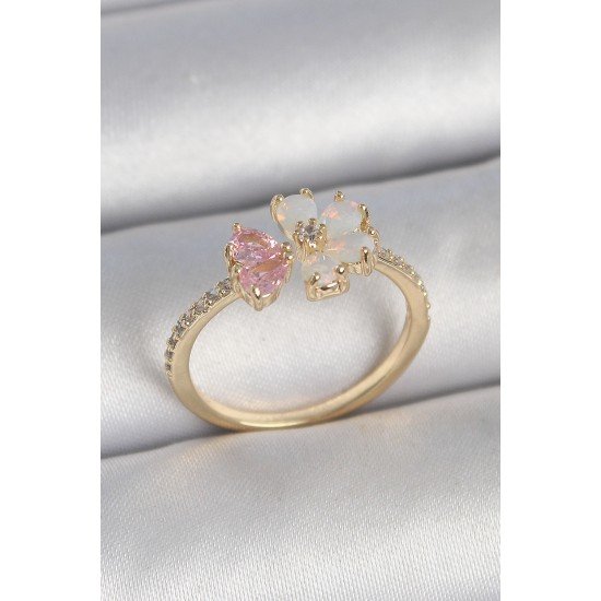 Özel Pirinç Gold Renk Beyaz Mineli Pembe Zirkon Taşlı Çiçek Model Kadın Yüzük Fırsat!!!