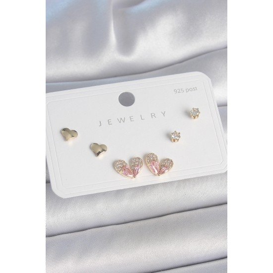 Özel Pirinç Gold Renk Pembe Zirkon Taşlı Kalp Model 925 Ayar Çivi Kadın Küpe Seti Fırsat!!!