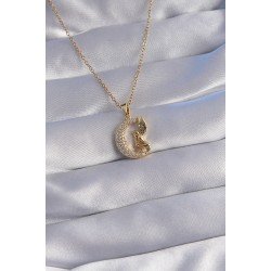 Özel Çelik Zincir Gold Renk Kuş Figürlü Zirkon Taşlı Ay Tasarımlı Kolye Fırsat!!!