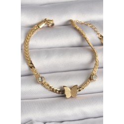 Özel Çelik Gold Renk Yassı Zincir Zirkon Taşlı Simli Kelebek Figür Kadın Bileklik Fırsat!!!