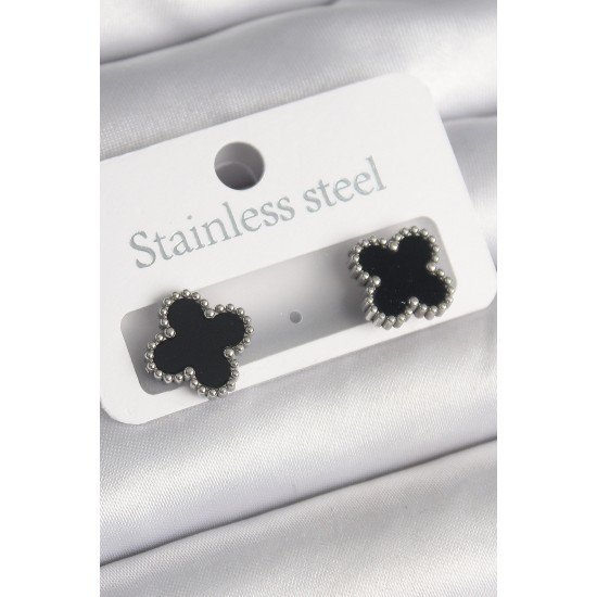 Özel Çelik Renk Siyah Yonca Model Kadın Küpe Fırsat!!!