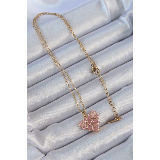 Özel Çelik Zincir Altın Renk Pembe Parçalı Zirkon Taşlı Kalp Kolye Fırsat!!!