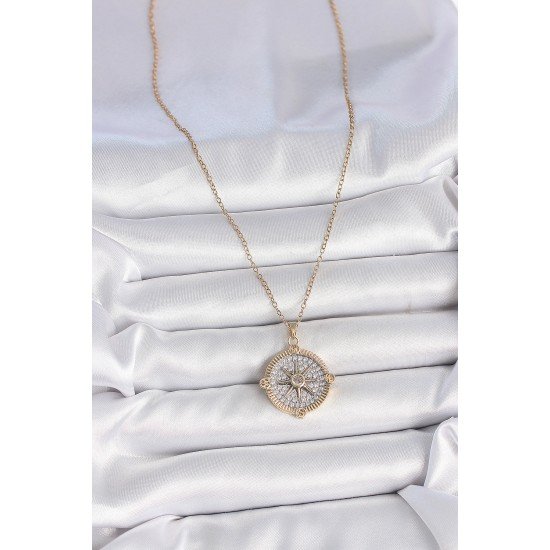 Özel Çelik Gold Renk Zirkon Taşlı Pusula Model Kadın Kolye Fırsat!!!