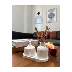 Duresbutik Dekoratif 3'lü Vazo Sunumluk Tabak Set Beyaz