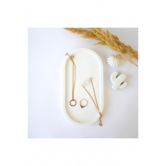 Dekoratif Oval Beyaz Beton Biblo Tabakbeton Takı Tabağı Mum Tabağı Mumluk Organizer