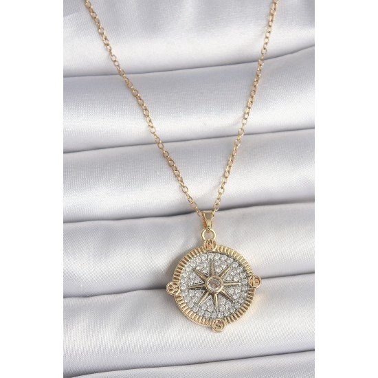 Özel Çelik Gold Renk Zirkon Taşlı Pusula Model Kadın Kolye Fırsat!!!