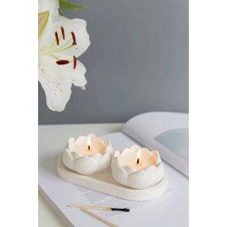 3'lü Dekoratif Lotus Mum Ve Beyaz Tabak Seti