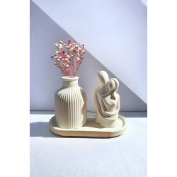 Dekoratif Minyatür Sarılan Sevgili Biblo Mini Kuru Çiçek Vazosu Set