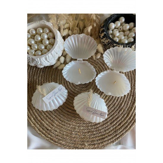 İnci Detaylı İstiridye Kutulu Deniz Kabuğu Mum Nişan Düğün Nikah Hediyelik Etiketli 15 Adet