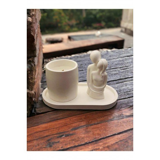 Özel Tasarım Tepsi Mum Ve Sarılan Çift - El Yapımı Sevgiliye Özel Set