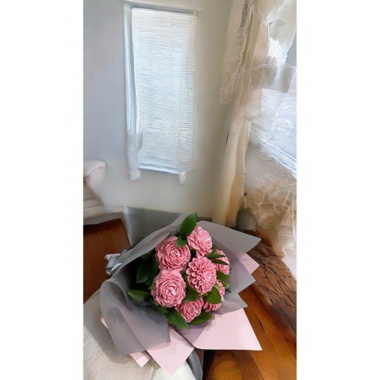 Pudra Şakayık Buket Mum (Sandal, Lavanta, Gül, Nar, Çikolata) Kokulu Mum %100 Soya Wax