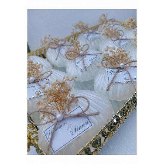 Özel Tasarımlı İnci Süslemeli İstiridye Kutulu İstiridye Mum Düğün& Kına& Nikah (50 Adet)