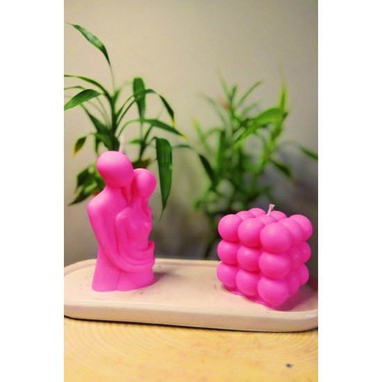 Sarılan Çift ve Bubble Detaylı Sunum Tabağı İçinde %100 Soya Wax Dekoratif Hediyelik 3'lü Mum Seti