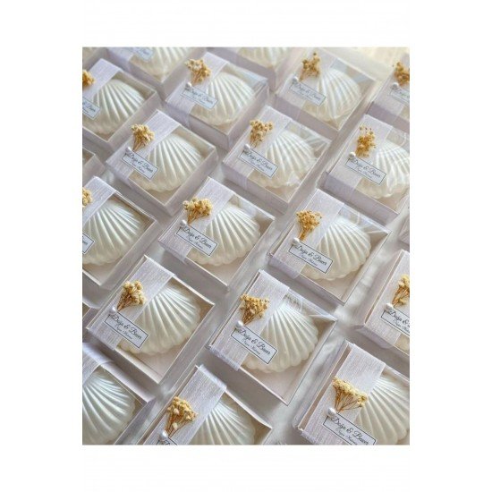 İnci Detaylı İstiridye Kutulu Deniz Kabuğu Mum Nişan Düğün Nikah Hediyelik Etiketli 15 Adet