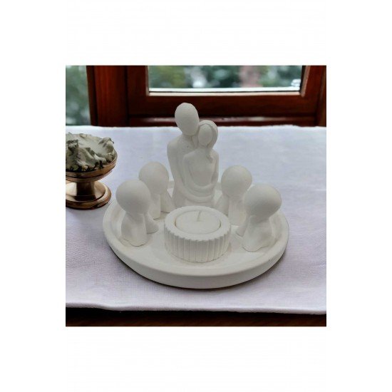 Bernamiofficial Dekoratif Sarılan Çift, 4 Adet Çocuk Figürü, Çizgili Mumluk Ve Yuvarlak Stand