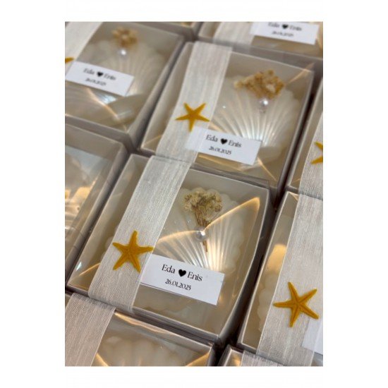 İnci Detaylı İstiridye Kutulu Deniz Kabuğu Mum Nişan Düğün Nikah Hediyelik Etiketli 15 Adet