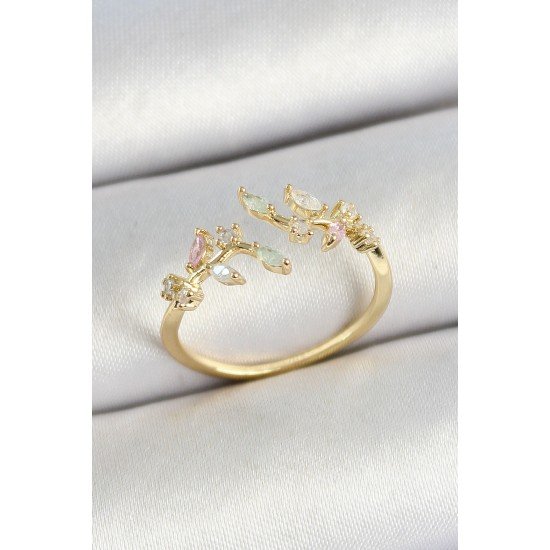 Özel Pirinç Yaprak Figürlü Zirkon Taşlı Gold Renk Ayarlanabilir Kadın Yüzük Fırsat!!!