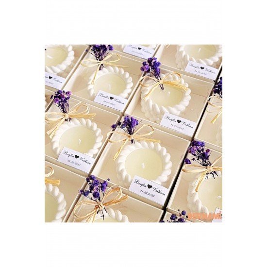 Taş Tozu Burgu Mum Beyaz Kutu Nikah, Nişan, Düğün, Özel Gün, Isime Özel Etiket Süsleme - 15 Adet