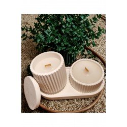 Dekoratif Tabakta 2'li Set, Tarçın Kokulu Ahşap Fitilli Kapaklı ve Kapaksız Mum