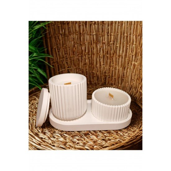 Dekoratif Tabakta 2'li Set, Tarçın Kokulu Ahşap Fitilli Kapaklı ve Kapaksız Mum