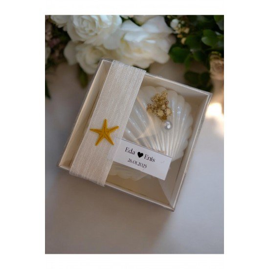 İnci Detaylı İstiridye Kutulu Deniz Kabuğu Mum Nişan Düğün Nikah Hediyelik Etiketli 10 Adet