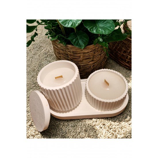Dekoratif Tabakta 2'li Set, Tarçın Kokulu Ahşap Fitilli Kapaklı ve Kapaksız Mum