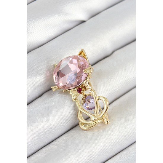 Özel Pembe Zirkon Taşlı Kap Detaylı Kedi Figürlü Gold Renk Kadın Broş Fırsat!!!