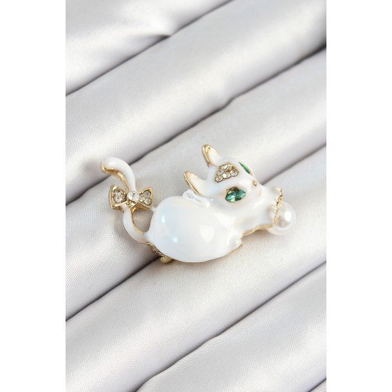 Özel Zirkon Taşlı İnci Detaylı Beyaz 3D Kedi Figürlü Gold Renk Kadın Broş Fırsat!!!