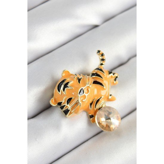Özel Zirkon Taşlı Siyah Çizgili Turuncu Kaplan Figürlü Gold Renk Kadın Broş Fırsat!!!