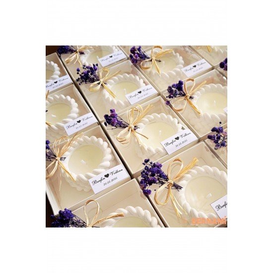 Taş Tozu Burgu Mum Beyaz Kutu Nikah, Nişan, Düğün, Özel Gün, Isime Özel Etiket Süsleme - 15 Adet