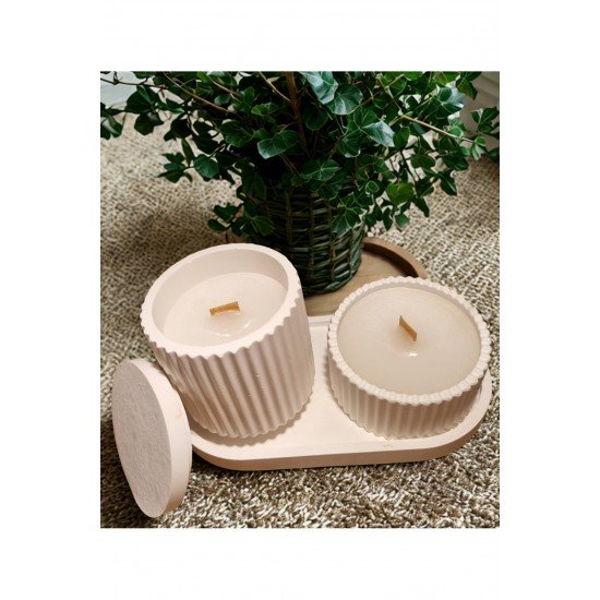 Dekoratif Tabakta 2'li Set, Tarçın Kokulu Ahşap Fitilli Kapaklı ve Kapaksız Mum