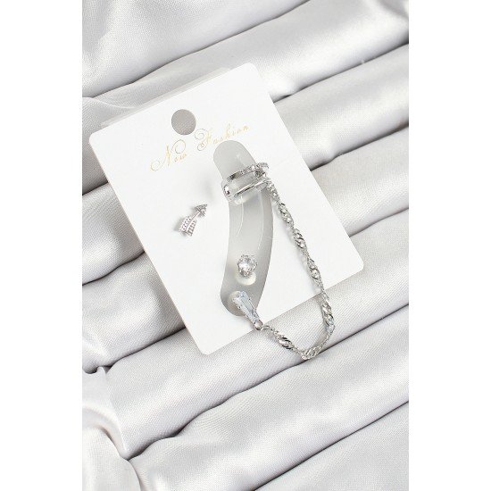 Özel Pirinç Ok Figürlü Zirkon Taşlı Renk 3'Lü Kıkırdak Kadın Küpe Set Fırsat!!!